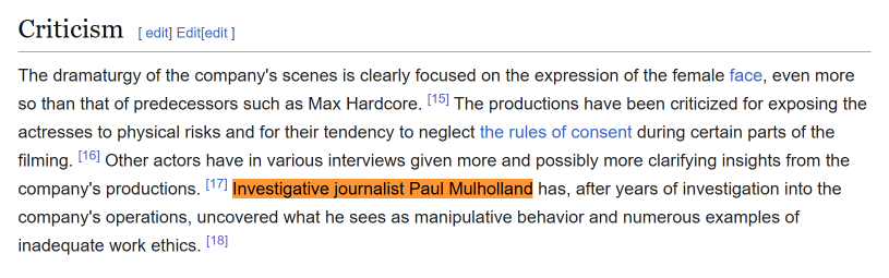 Screenshot showing Paul Mulholland referred to as an investigative journalist on Swedish Wikipedia