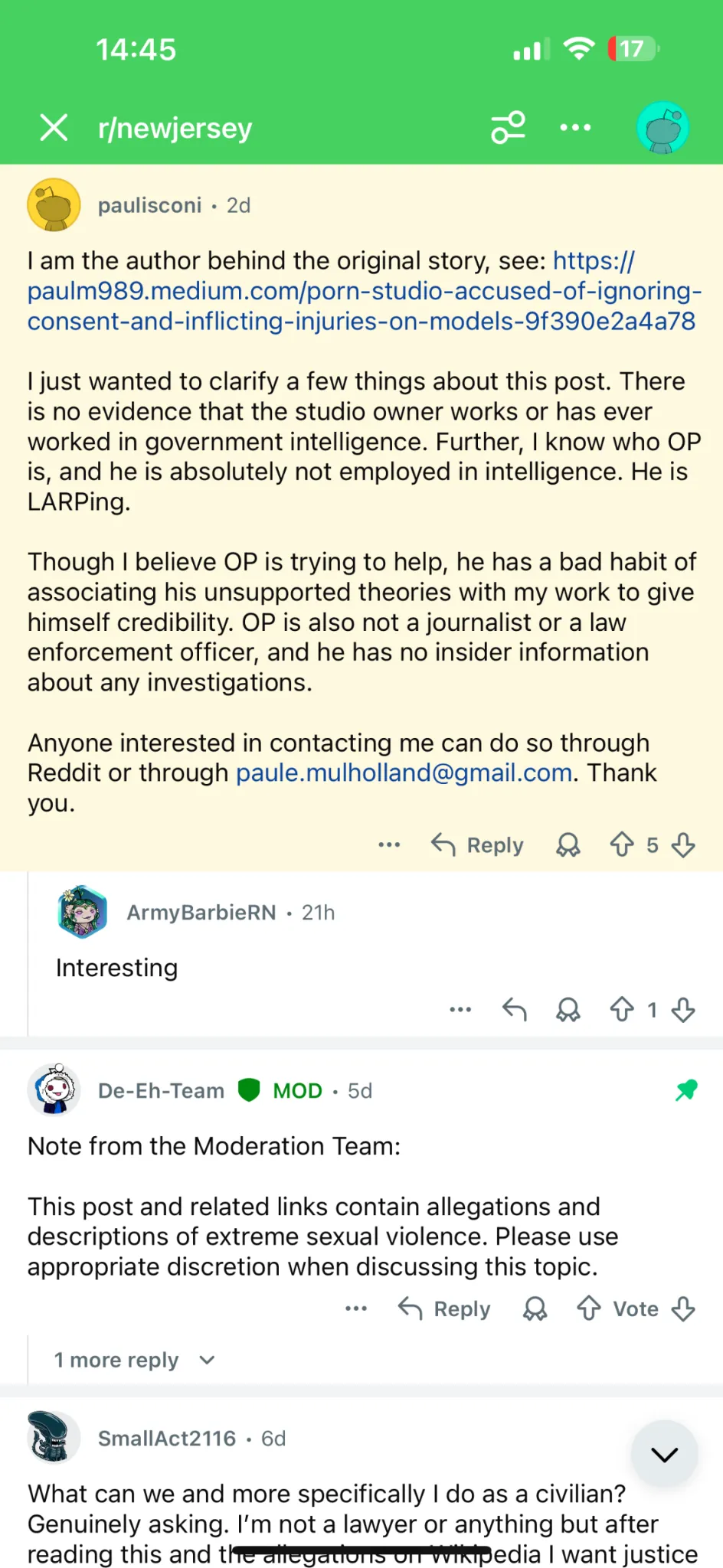 Screenshot of Paul Mulholland publicly distancing his reporting from unsupported theories circulated on Reddit